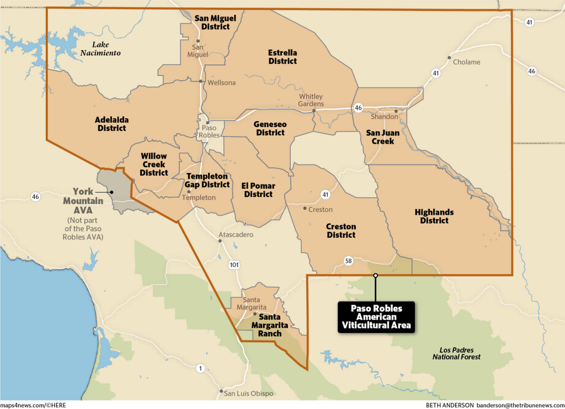 Map showing the 11 districts of Paso Robles wine country